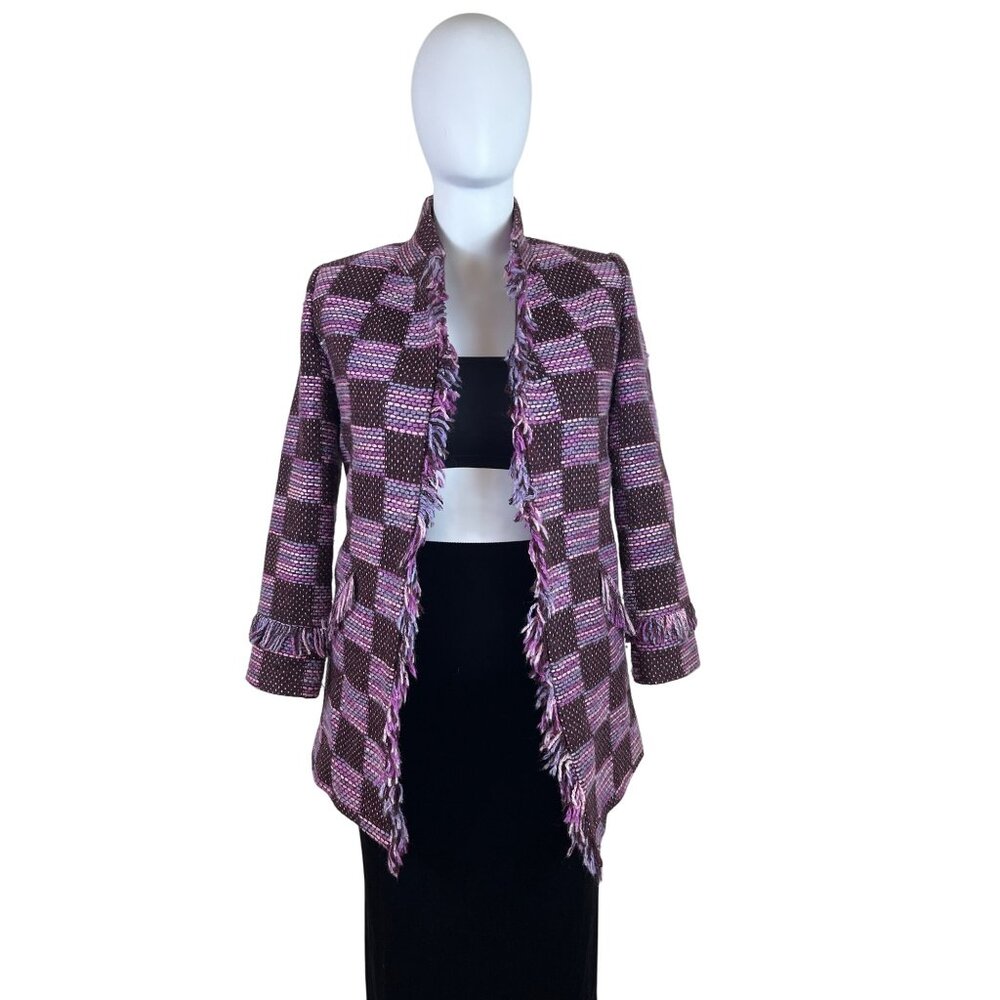 Starlite Womens Brown & Pink Woven Fringe Open Front Blazer Jacket Sz 12